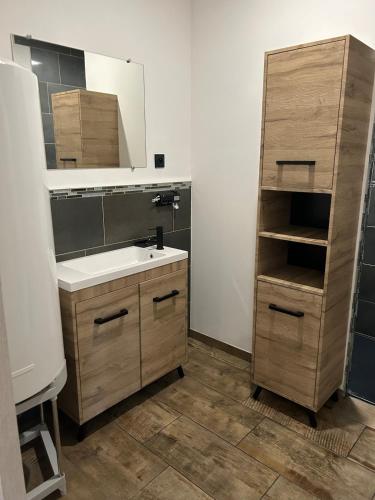 une salle de bain avec un lavabo et un miroir dans l'établissement Maison calme à la campagne, à Moyencourt