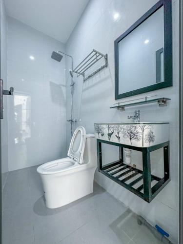 a bathroom with a toilet and a sink and a mirror at D&T House in Cù Lao Thu