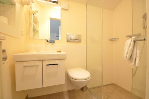 a bathroom with a toilet and a sink and a shower at Hotel Felmis in Lucerne