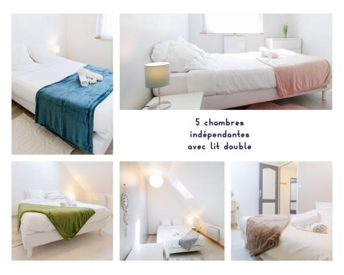 un collage de quatre photos d'une chambre dans l'établissement Appartement complet équipé Idéal groupe PRO/famille * 10 pers * 5 chb * Mon Groom, à Troyes