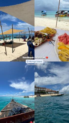 a collage of pictures of a beach with a plate of food at Alma Boutique Hotel in Jambiani