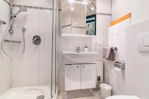 a bathroom with a shower and a sink and a toilet at Schwarzwaldtraum Ferienwohnung in Sasbachwalden