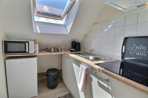 une petite cuisine avec un évier et un micro-ondes dans l'établissement L'Appart de la Pierre - Idéla Pro - Centre Ville - Proche Gare - Mon Groom, à Troyes