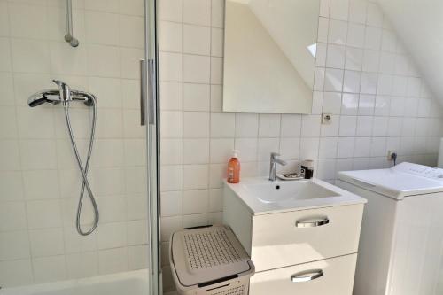 une salle de bain avec douche et lavabo dans l'établissement L'Appart de la Pierre - Idéla Pro - Centre Ville - Proche Gare - Mon Groom, à Troyes