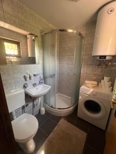 a bathroom with a shower and a toilet and a sink at Vila sa bazenom Lily in Konjic