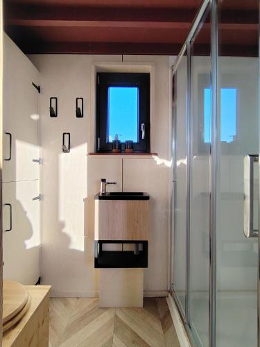 une salle de bain avec un lavabo et une fenêtre dans l'établissement La Tiny House de l'Ouchette, à Brégy