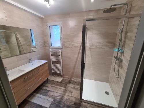 a bathroom with a shower and a sink at Le Séchoir des acacias, Gîte La Noyeraie in Saint-Léon-sur-Vézère