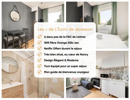 un collage de photos d'une salle de bains avec un panneau dans l'établissement L'Ecrin de Jennesson - Studio 2 Pers - Nancy, à Nancy