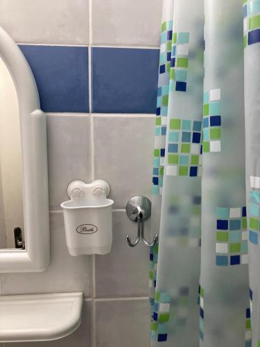 a bathroom with a toilet and a shower curtain at Relax and enjoy in Raches