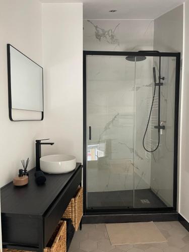 a bathroom with a glass shower with a sink at Duplex Place Garibaldi - Close to port, Old Nice in Nice