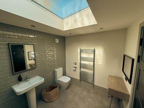 a bathroom with a sink and a toilet and a skylight at Rooms at The Vine Tree in Crickhowell