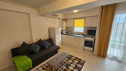 a living room with a couch and a kitchen at Airport Residence in Otopeni