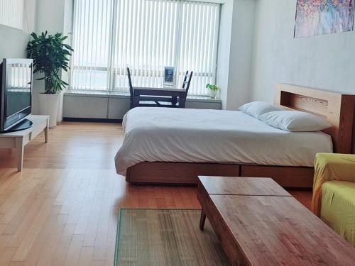 仁川にあるCozy - Experience Home like Comfort Studioのベッド、テレビ、ソファのある寝室