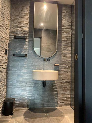 une salle de bain avec un lavabo et un miroir dans l'établissement Loft sur 2 Étages dans maison individuelle, à Millau