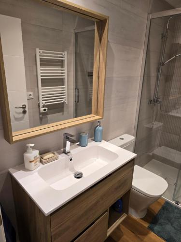 a bathroom with a sink and a toilet and a mirror at Piso de lujo con gran terraza in Sanxenxo