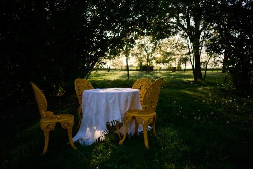 a table with a white table cloth sitting in the grass at Kőris Tanya in Hódmezővásárhely
