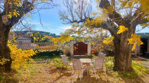 un tavolo e delle sedie sotto un albero in un cortile di Chambre Sérénité au Col de l'Ange Draguignan a Draguignan