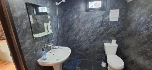 a bathroom with a sink and a toilet and a mirror at My house in Stepantsminda