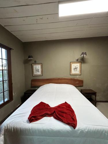 a bedroom with a bed with a red bow tie on it at Pousada Charqueada Costa do Abolengo in Pelotas