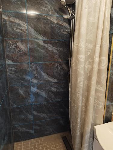 a bathroom with a shower with a tiled wall at Apartament Warszawska Centrum in Mrągowo