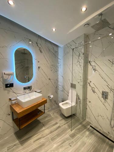 a bathroom with a sink and a toilet and a mirror at EB apartment 3 in (( Metoq ))