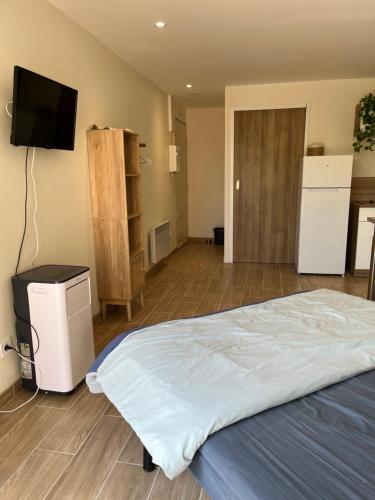 une chambre avec un lit et une télévision dans l'établissement Studio 2 pers, Résidence Le Pharo, Piscine, Clim, au Cap d'Agde