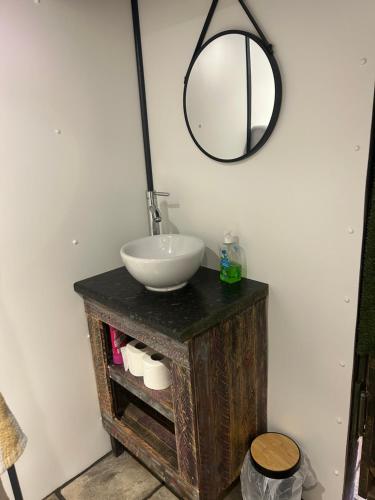 a bathroom with a sink and a mirror at Rhodes To Serenity - Showmans Van in Cauldon
