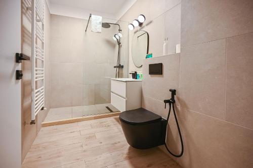 un bagno con doccia, WC e lavandino di Sun & Fun Apartment Infinity Pool Spa Resort a Mamaia
