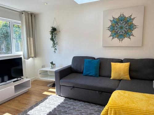 a living room with a couch and a tv at Stylish 1 Bedroom Flat with Parking in Oxford in Oxford