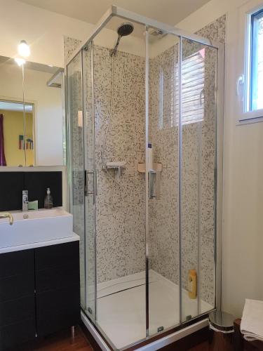 une douche avec une cabine en verre dans une salle de bain dans l'établissement La Tonnelle, à Varengeville-sur-Mer