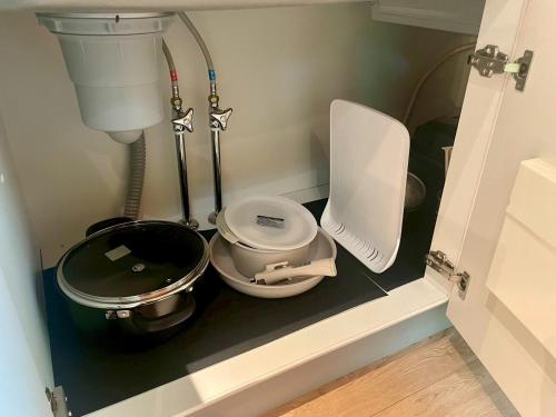 a small bathroom with a toilet and a sink at Narusawa MADOKA in Wada
