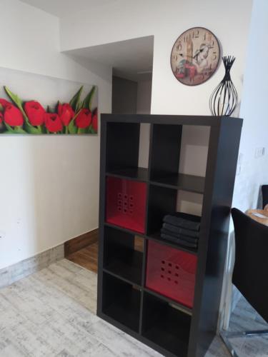 a black book shelf in a living room with a clock on the wall at UbytkoMácháč in Staré Splavy