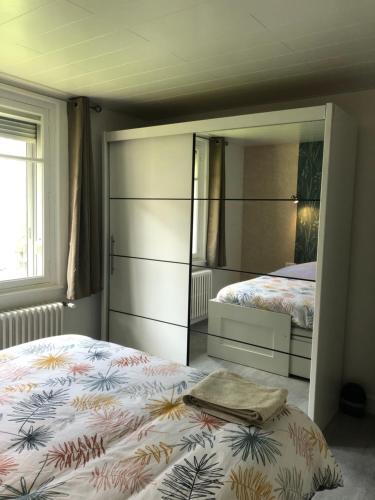 a bedroom with a bed and a large mirror at 'De Maîche avec vous', 6 à 8 personnes in Maîche