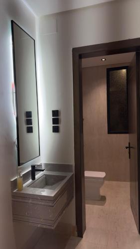 ein Badezimmer mit Waschbecken, Spiegel und Toilette in der Unterkunft Luxury Apartment for Rent Summer in Quai