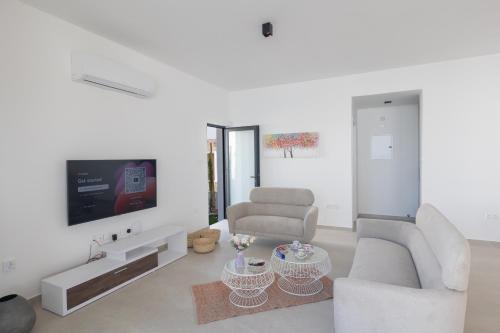 a white living room with a couch and a tv at Aqua 4 Bedrooms in Paralimni