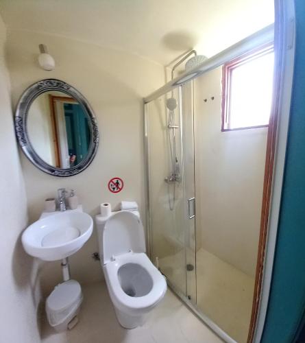 a bathroom with a toilet and a sink and a shower at Ifigenia's Rooms in Kardamyli