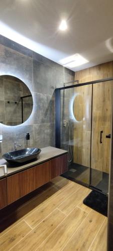 une salle de bain avec un lavabo et une douche dans l'établissement Villa Viktoriia, à San-Nicolao