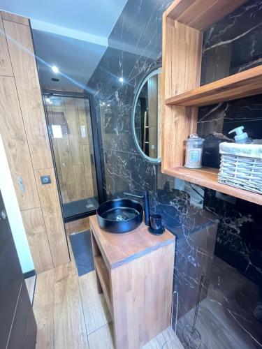 une salle de bain avec un lavabo et un miroir dans l'établissement T2 avec terrasse 4p, Cannes centre, à Cannes