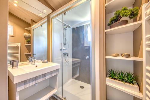 a bathroom with a shower and a sink at Chalet parc nature océan in Hourtin