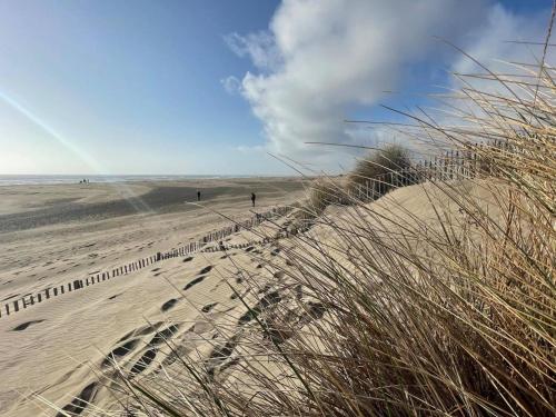 a sandy beach with grass and people walking on it at Les Appartement du Mas - RUBIS in Aigues-Mortes