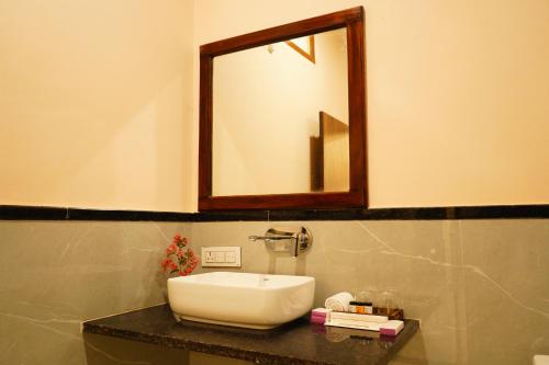 a bathroom with a sink and a mirror at Sundervan Vilas Ranthambore in Khilchipur