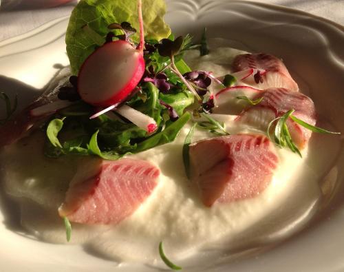 a plate of food with meat and a salad at Hotel Weinhaus Stern in Buergstadt