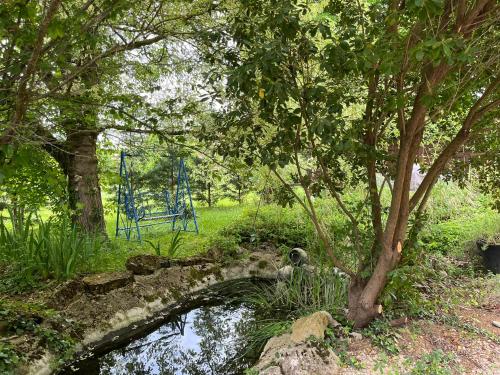 a stone bridge over a stream with a blue chair at Couleurs de la vie - Chambres d'Hôtes et Gîte in Cormatin