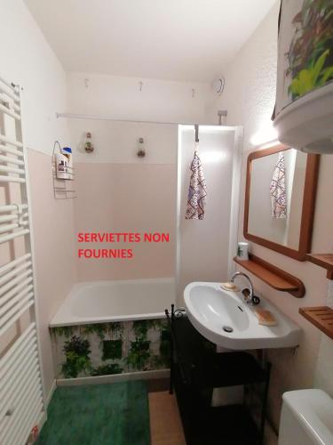 La salle de bains est pourvue d'un lavabo et d'un aquarium. dans l'établissement Appartement balcon vue pré et montagne, à Vielle-Aure