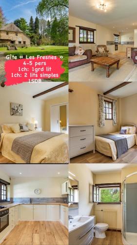 a collage of four pictures of a bedroom at Domaine complet de 5 gîtes in Guerquesalles