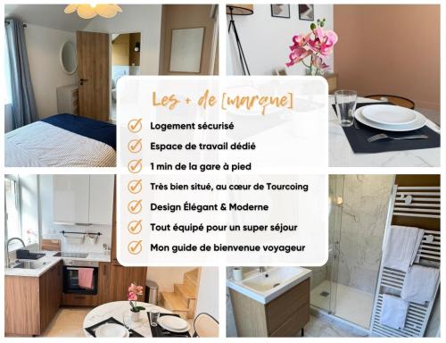 un collage de photos d'une cuisine et d'une chambre dans l'établissement Luxueux logement proche gare et centre ville, à Tourcoing