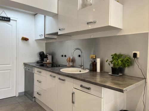 une cuisine avec des armoires blanches et un évier dans l'établissement Port Frejus, 400m des plages et base nature, studi, à Fréjus