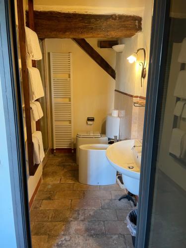 a bathroom with a tub and a toilet and a sink at B&B Il Conte Giacomo in Viarolo