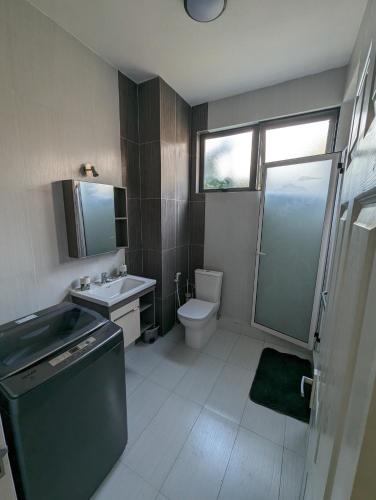 a bathroom with a sink and a toilet and a window at Flic en Flac île Maurice in Flic-en-Flac