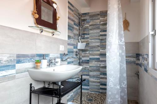 a bathroom with a sink and a shower at Domus De Mirto in Sennori